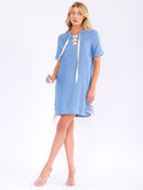 WOMEN'S SHORT SLEEVE LACE UP CHAMBRAY MINI DRESS