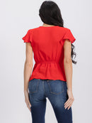 WOMEN'S SHORT SLEEVE SURPLICE SELF TIE PEPLUM WRAP BLOUSE