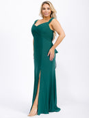 PUS SIZE SLEEVELESS V-NECK FRONT SLIT SELF TIE MAXI GOWN DRESS