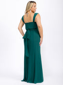 PUS SIZE SLEEVELESS V-NECK FRONT SLIT SELF TIE MAXI GOWN DRESS