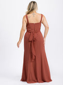 PUS SIZE SLEEVELESS V-NECK FRONT SLIT SELF TIE MAXI GOWN DRESS