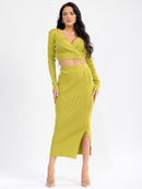 WOMEN'S LONG SLEEVE SURPLICE CROP TOP & ELASTIC WAIST MAXI SKIRT RIBBED 2PC. SET
