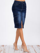 WOMEN'S BUTTON CLOSURE FRONT SLIT CARGO POCKETS WASHED DENIM MIDI SKIRT