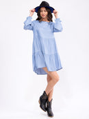 WOMEN'S LONG SLEEVE TIERED LOOSE FIT CHAMBRAY MIDI DRESS