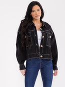 WOMEN'S LONG SLEEVE BUTTON CLOSURE FRONT POCKETS DENIM JACKET