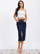 WOMEN'S BUTTON CLOSURE FRONT SLIT POCKETS DENIM MIDI SKIRT