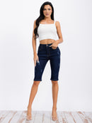 WOMEN'S BUTTON CLOSURE POCKETS DISTRESS DENIM BERMUDA SHORT
