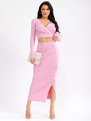 WOMEN'S LONG SLEEVE SURPLICE CROP TOP & ELASTIC WAIST MAXI SKIRT RIBBED 2PC. SET