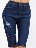 WOMEN'S BUTTON CLOSURE POCKETS DISTRESS DENIM BERMUDA SHORT