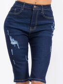 WOMEN'S BUTTON CLOSURE POCKETS DISTRESS DENIM BERMUDA SHORT