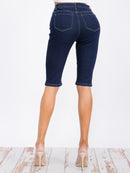 WOMEN'S BUTTON CLOSURE POCKETS DISTRESS DENIM BERMUDA SHORT
