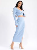 WOMEN'S LONG SLEEVE SURPLICE CROP TOP & ELASTIC WAIST MAXI SKIRT RIBBED 2PC. SET