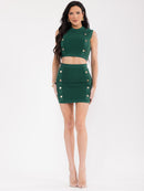 WOMEN'S SLEEVELESS TOP & ELASTIC WAIST MINI SKIRT BUTTON KNIT 2PC. SET