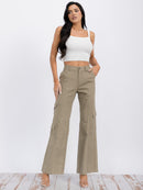 WOMEN'S BUTTON CLOSURE CARGO POCKETS WIDE LEG DENIM PANTS