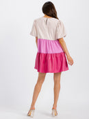WOMEN'S SHORT SLEEVE V-NECK TIERED COLORBLOCK PU PLEATHER TUNIC MINI DRESS