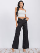 WOMEN'S BUTTON CLOSURE CARGO POCKETS WIDE LEG DENIM PANTS