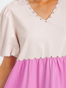 WOMEN'S SHORT SLEEVE V-NECK TIERED COLORBLOCK PU PLEATHER TUNIC MINI DRESS