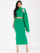 WOMEN'S LONG SLEEVE CARDIGAN WITH TANK TOP & ELASTIC WAIST MACI SKIRT RIBBED 3PC. SET