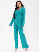 WOMEN'S LONG SLEEVE BLOUSE & ELASTIC WAIST PANTS DETAILED 2PC. SET