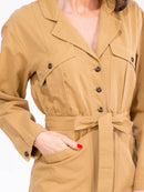 WOMEN'S LONG SLEEVE BUTTON UP SELF TIE POCKETS DENIM JUMPSUIT