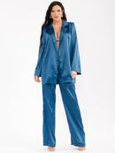 WOMEN'S LONG SLEEVE CARDIGAN WITH BRALETTE & ELASTIC WAIST PANTS SATIN 3PC. SET