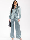 WOMEN'S LONG SLEEVE BLOUSE & ELASTIC WAIST PANTS SATIN 2PC. SET