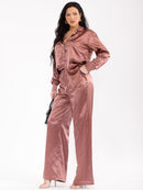 WOMEN'S LONG SLEEVE BLOUSE & ELASTIC WAIST PANTS SATIN 2PC. SET