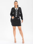 WOMEN'S LONG SLEEVE BLOUSE & ELASTIC WAIST SKIRT PEARL DETAILED 2PC.SET