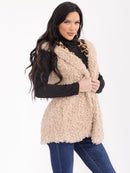 WOMEN'S SLEEVELESS OPEN FRONT POCKETS SHERPA ANIMAL PRINT HOODED VEST