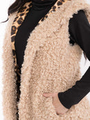 WOMEN'S SLEEVELESS OPEN FRONT POCKETS SHERPA ANIMAL PRINT HOODED VEST
