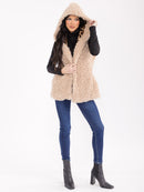 WOMEN'S SLEEVELESS OPEN FRONT POCKETS SHERPA ANIMAL PRINT HOODED VEST