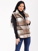 WOMEN'S SLEEVELESS BUTTON CLOSURE FRONT POCKETS PLAID VEST