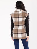 WOMEN'S SLEEVELESS BUTTON CLOSURE FRONT POCKETS PLAID VEST