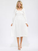 WOMEN'S LONG SLEEVE SQUARE NECK SMOCK RUFFLE SWISS DOTS MIDI DRESS