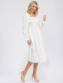 WOMEN'S LONG SLEEVE SQUARE NECK SMOCK RUFFLE SWISS DOTS MIDI DRESS