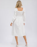 WOMEN'S LONG SLEEVE SQUARE NECK SMOCK RUFFLE SWISS DOTS MIDI DRESS