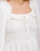 WOMEN'S LONG SLEEVE SQUARE NECK SMOCK RUFFLE SWISS DOTS MIDI DRESS