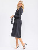 WOMEN'S LONG SLEEVE SQUARE NECK SMOCK RUFFLE SWISS DOTS MIDI DRESS