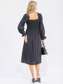 WOMEN'S LONG SLEEVE SQUARE NECK SMOCK RUFFLE SWISS DOTS MIDI DRESS