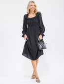 WOMEN'S LONG SLEEVE SQUARE NECK SMOCK RUFFLE SWISS DOTS MIDI DRESS
