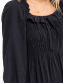 WOMEN'S LONG SLEEVE SQUARE NECK SMOCK RUFFLE SWISS DOTS MIDI DRESS