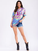 WOMEN'S SHORT SLEEVE METALLIC TIE DYE GRAPHIC TOP