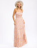 WOMEN'S SLEEVELESS ELASTIC WAIST FLORAL TIERED MAXI DRESS