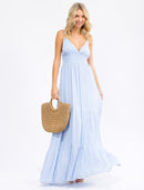WOMEN'S SLEEVELESS V-NECK SMOCK OPEN BACK TIERED MAXI DRESS