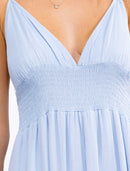 WOMEN'S SLEEVELESS V-NECK SMOCK OPEN BACK TIERED MAXI DRESS