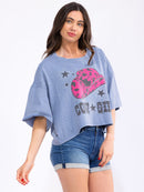 WOMEN'S SHORT SLEEVE LOOSE FIT RHINESTONES GRAPHIC TOP