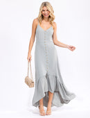 WOMEN'S SLEEVELESS V-NECK BUTTON CLOSURE HIGH-LOW MAXI DRESS