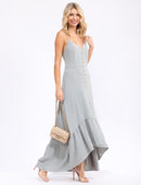 WOMEN'S SLEEVELESS V-NECK BUTTON CLOSURE HIGH-LOW MAXI DRESS
