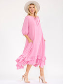 WOMEN'S 3/4 SLEEVE RUFFLE BOTTOM HEM FRONT POCKETS LOOSE FIT MAXI DRESS