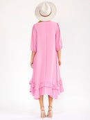 WOMEN'S 3/4 SLEEVE RUFFLE BOTTOM HEM FRONT POCKETS LOOSE FIT MAXI DRESS